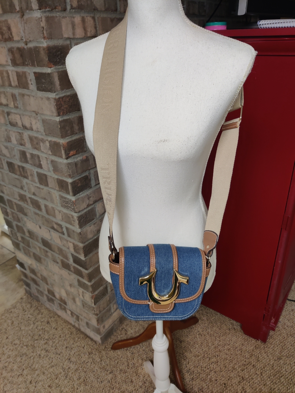 True Religion Denim Crossbody Bag with Tan Trim Mini
